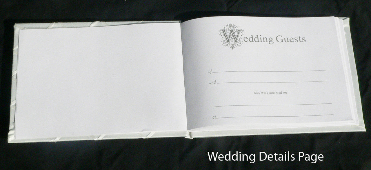 White Wedding Guest Book Register with Silver Pen Matching Stand Set 36 Lined Pages - Ivory Sach Ribbon Cover