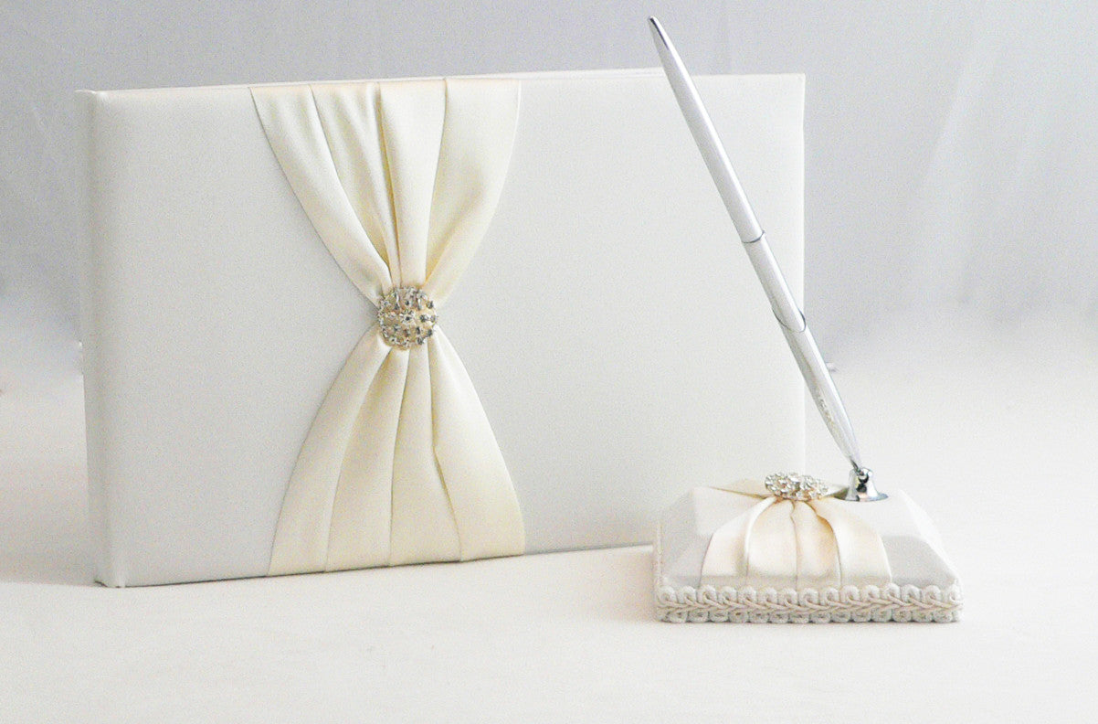 White Wedding Guest Book Register with Silver Pen Matching Stand Set 36 Lined Pages - Ivory Sach Ribbon Cover