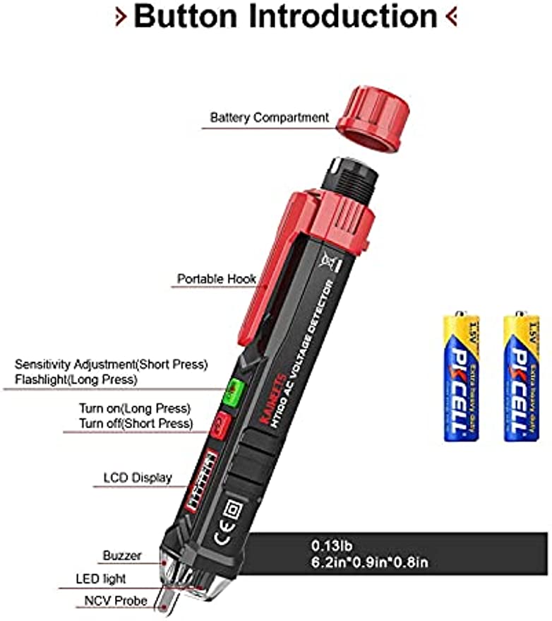 KAIWEETS HT100 Non Contact Voltage Tester AC Electricity Detect Pen 12V-1000V/48V-1000V Dual Range with LCD Display LED Flashlight Buzzer Alarm Wire Breakpoint Finder