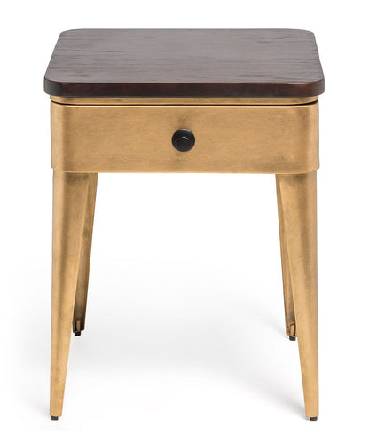 Modern Bedside Table in Brass Finish with Storage Drawer and Wood Top