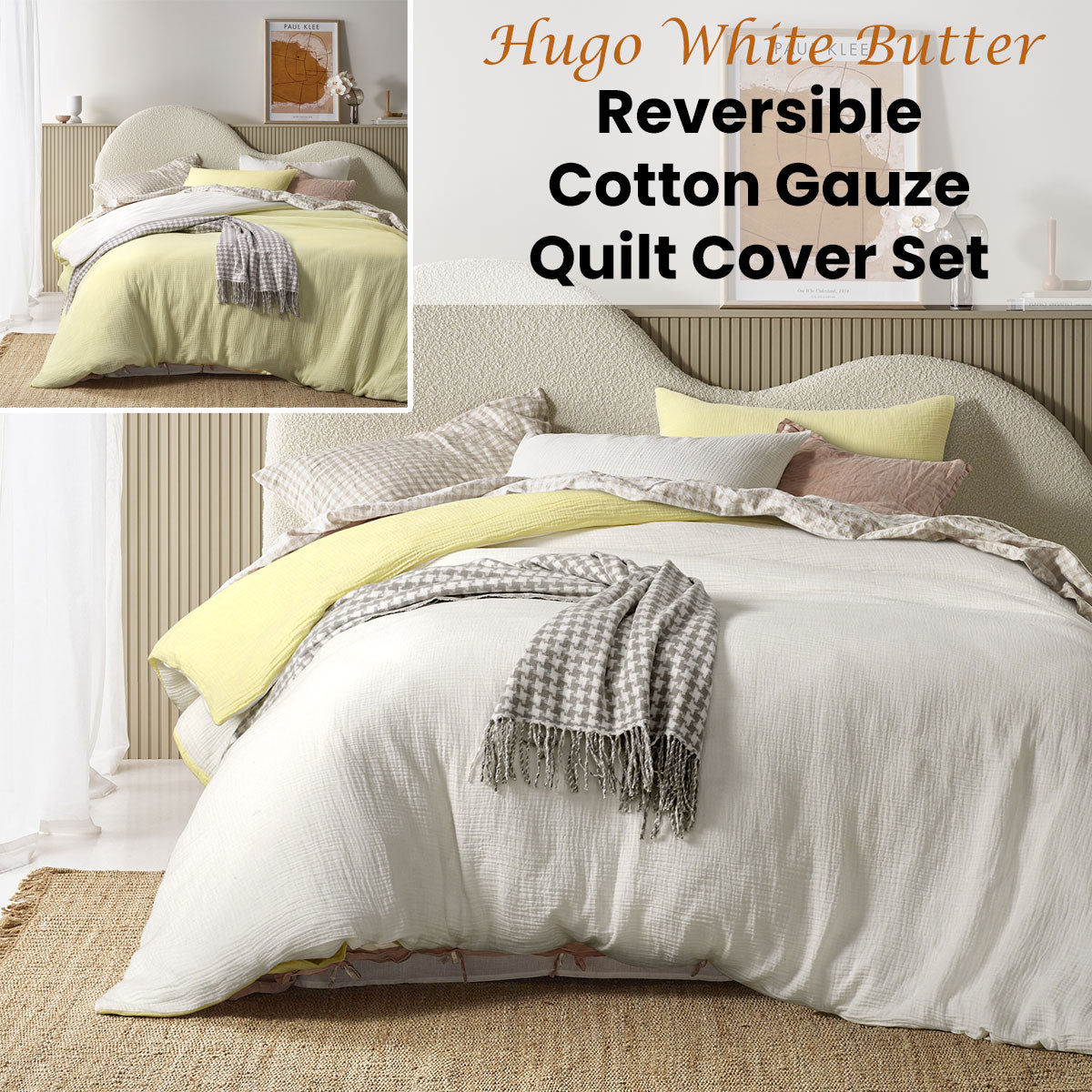 Vintage Design Homewares Hugo Reversible White Butter Cotton Gauze Quilt Cover Set Queen