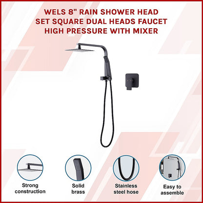 WELS 8" Rain Shower Head Set Square Dual Heads Faucet High Pressure With Mixer