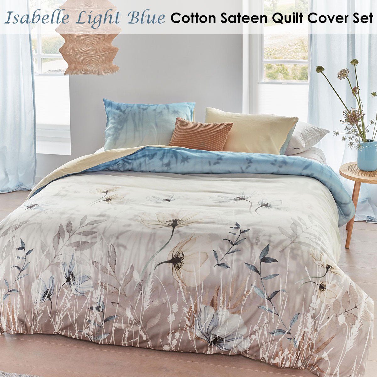 Bedding House Isabelle Light Blue Cotton Sateen Quilt Cover Set King