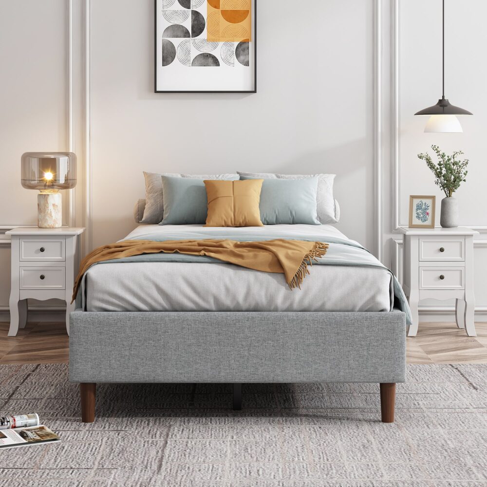 Bedframe with Wooden Slats (Light Grey) - Double