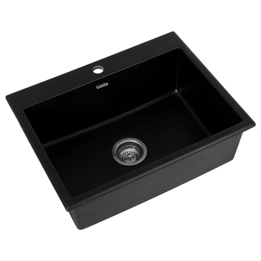 Cefito Kitchen Sink Granite Stone Sinks Basin Single Bowl Black 600mmx470mm