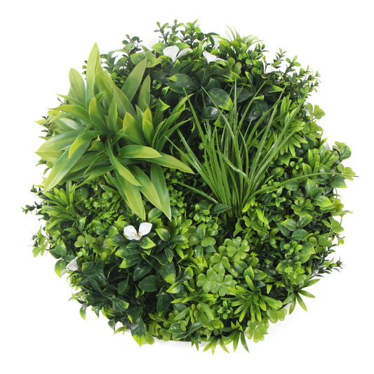 Flowering White Artificial Green Wall Disc UV Resistant 50cm (White Frame)