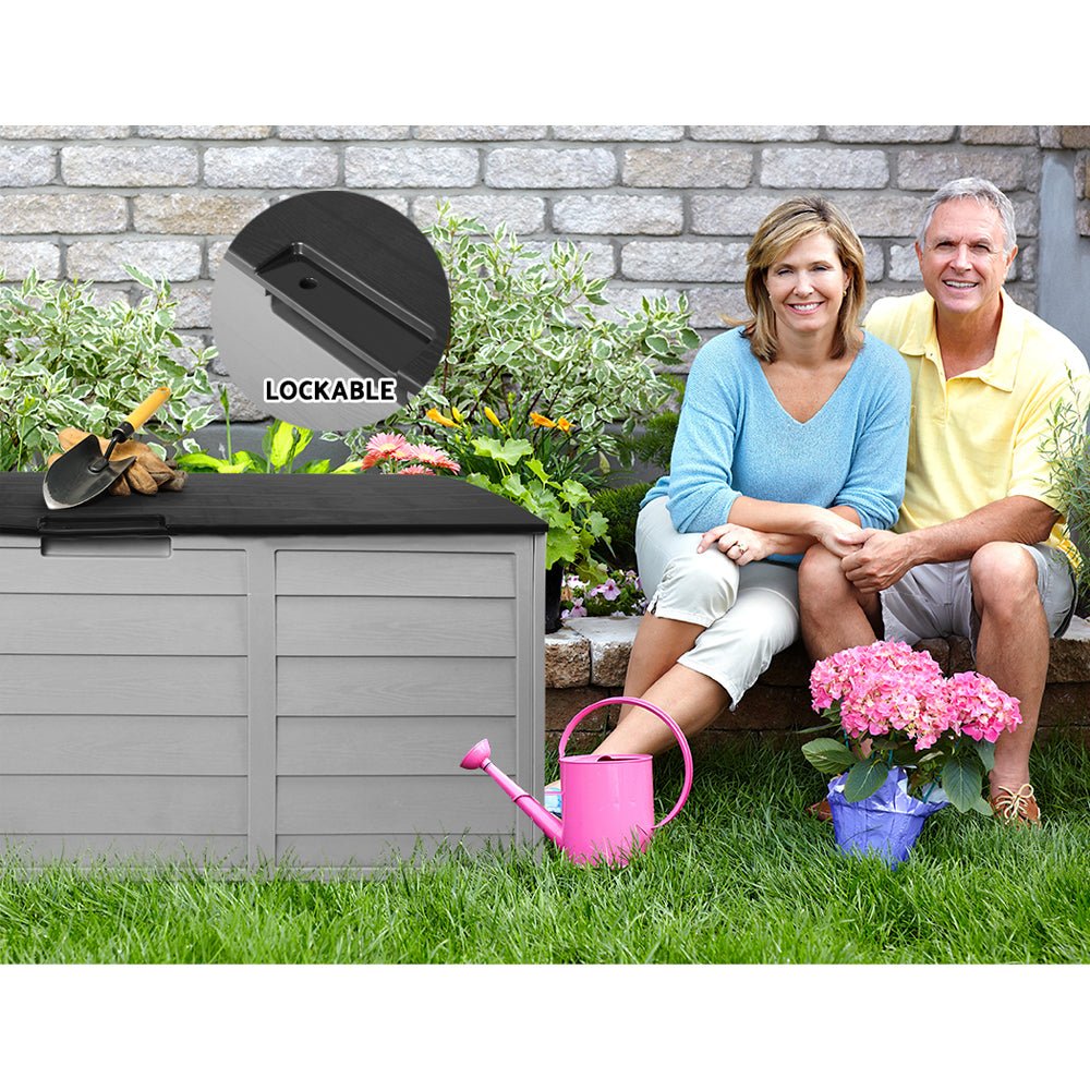 Gardeon Outdoor Storage Box 290L Lockable Organiser Garden Deck Shed Tool Black