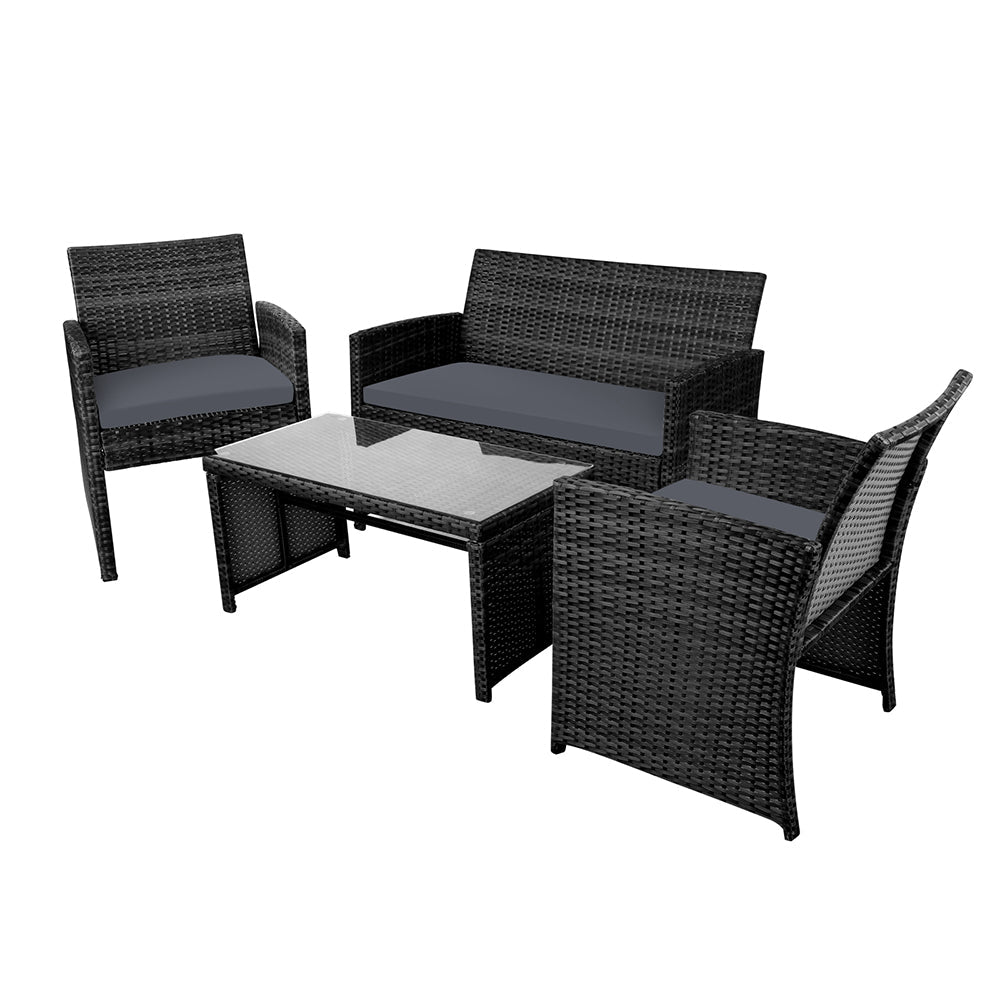 Gardeon 4 PCS Outdoor Sofa Set with Storage Cover Rattan Chair Furniture Black