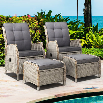 Gardeon 2PC Recliner Chair Sun lounge Wicker Lounger Outdoor Furniture Adjustable Grey